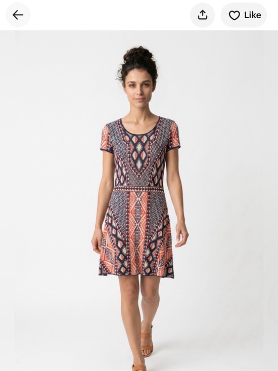 BCBGMaxAzria Dresses & Skirts - BCBGMaxAzria “Kayla” Silk Knit Coral & Navy Geometric Short-Sleeve Midi Dress